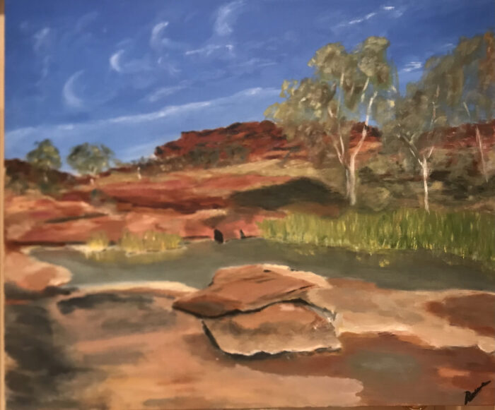 A painting of the desert landscape with trees.